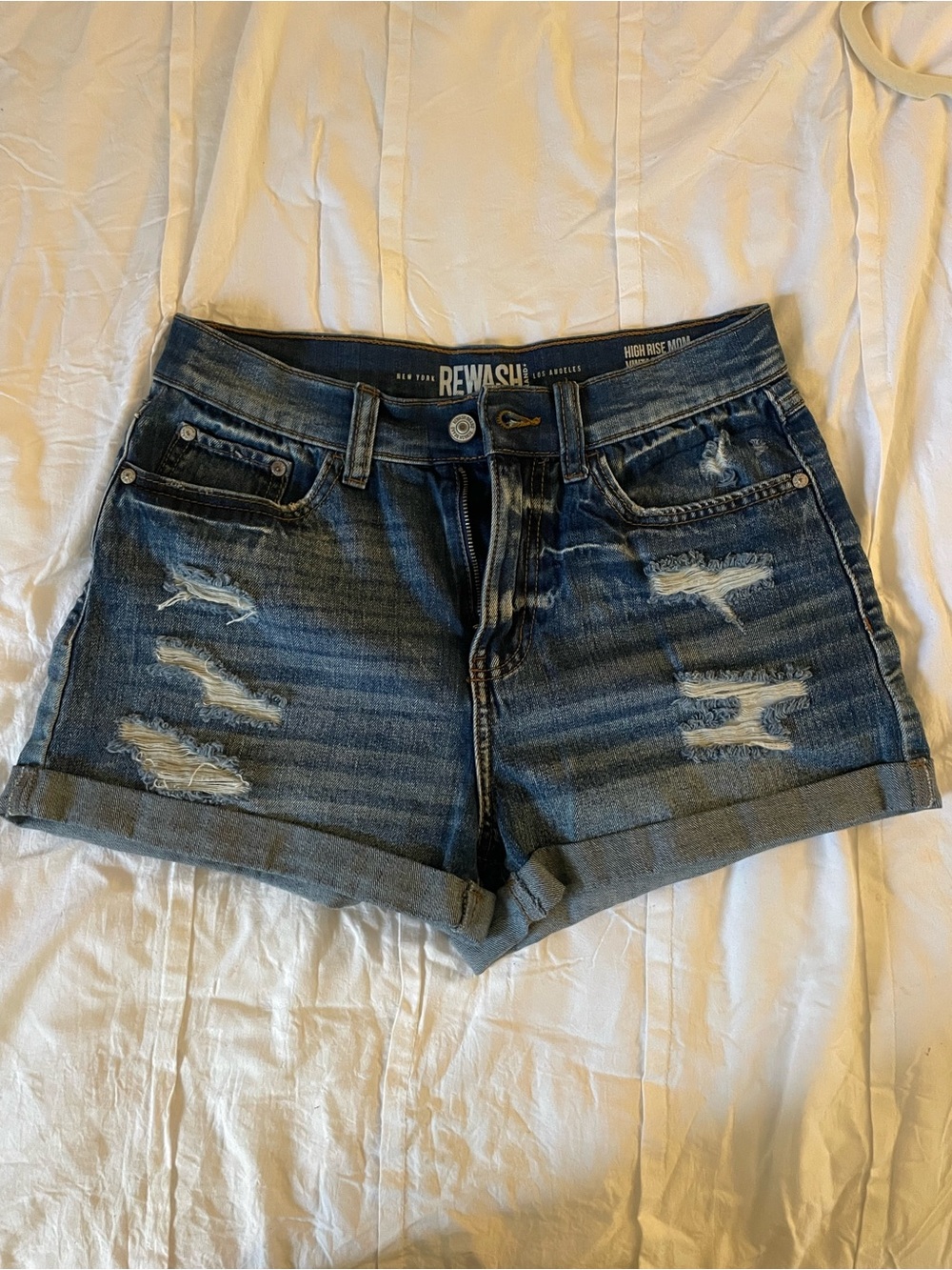 Rewash Dark Blue Distressed High-Rise Jean Shorts